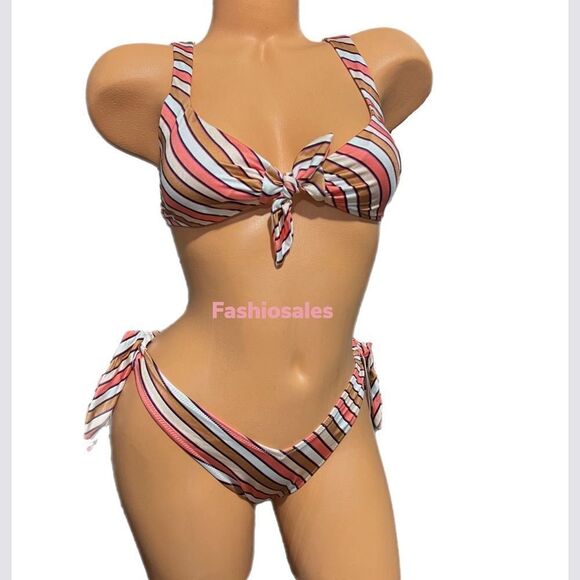 Victoria’s Secret Swim Tie-front Bralette Bikini Top & Bottom Set Warm stripes - Picture 3 of 9